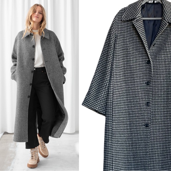 & OTHER STORIES MANTECO Black Gray Houndstooth Oversized Long Wool Trench Coat - Picture 1 of 15